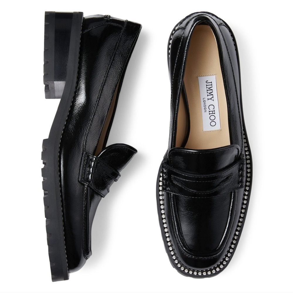 NEW JIMMY CHOO DEANNA LEATHER CRYSTAL-EMBELLISHED LOAFERS
